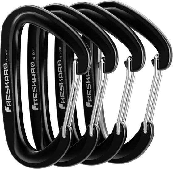 FresKaro 12kN Wiregate D Carabiner, Black 4 Pack