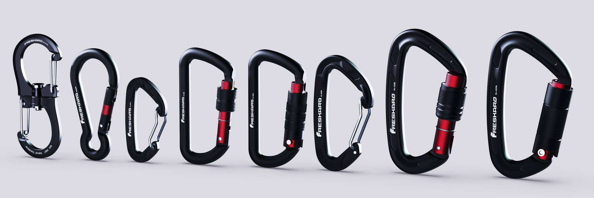 The FresKaro carabiner line-up in black, from swivel to 25kN auto-lock