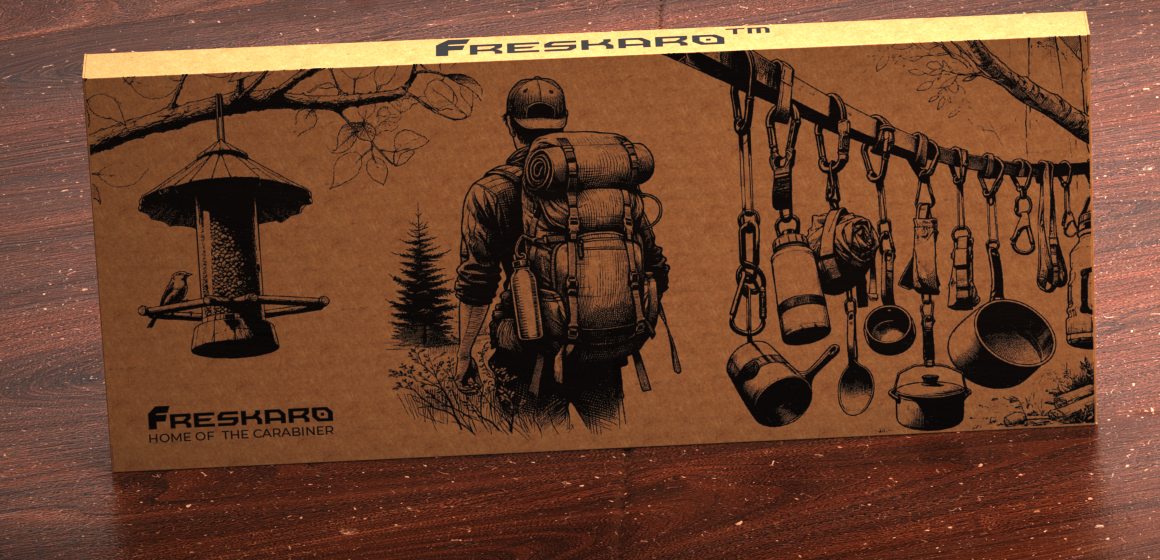 FresKaro box artwork: hiker, bird feeder and a camp kitchen hanging from carabiners