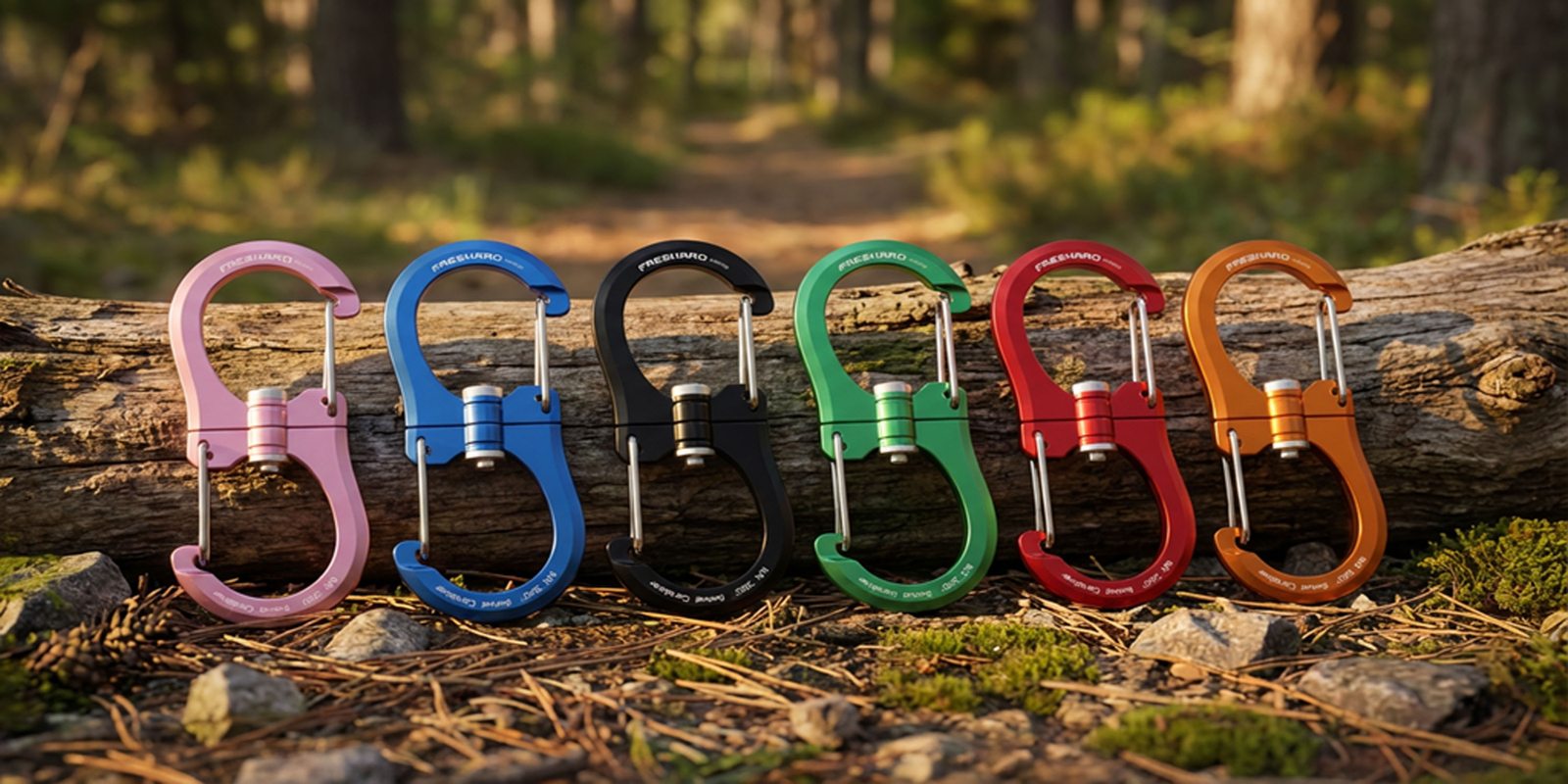 FresKaro 360 swivel carabiners in six colours on a log